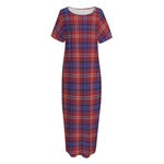 Red Blue And White Tartan Pattern Print Short Sleeve Long Nightdress