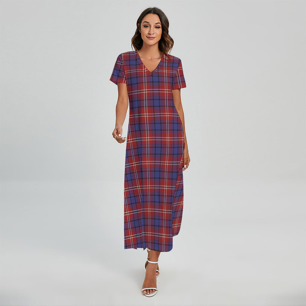 Red Blue And White Tartan Pattern Print Short Sleeve Maxi Dress