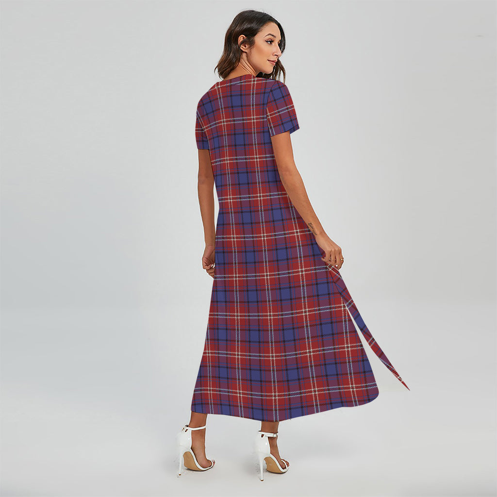 Red Blue And White Tartan Pattern Print Short Sleeve Maxi Dress