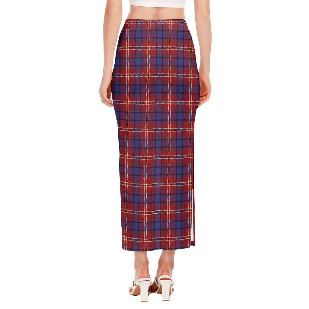 Red Blue And White Tartan Pattern Print Side Slit Maxi Skirt