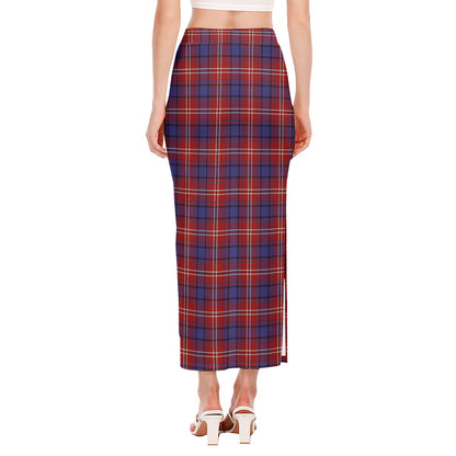 Red Blue And White Tartan Pattern Print Side Slit Maxi Skirt