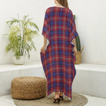 Red Blue And White Tartan Pattern Print Silk V-Neck Kaftan Dress