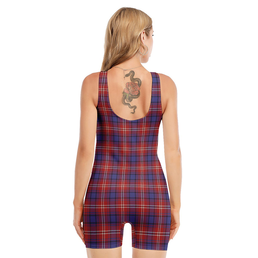 Red Blue And White Tartan Pattern Print Sleeveless One Piece Swimsuit