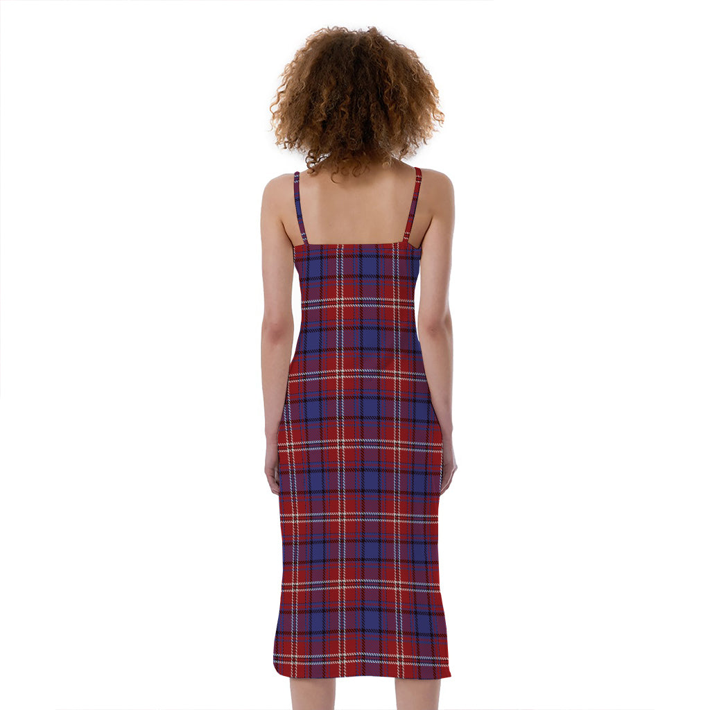 Red Blue And White Tartan Pattern Print Slim Fit Midi Cami Dress