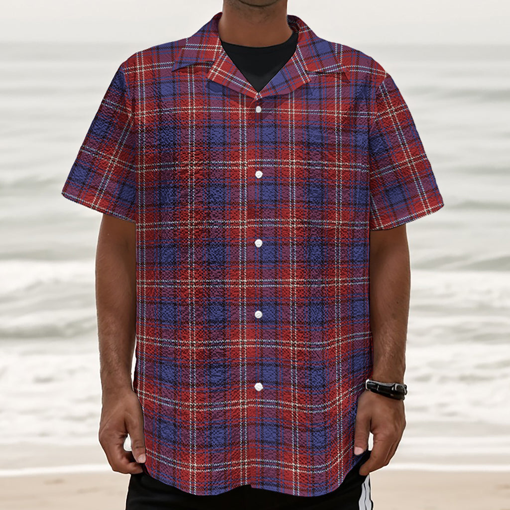 Red Blue And White Tartan Pattern Print Textured Short Sleeve Shirt