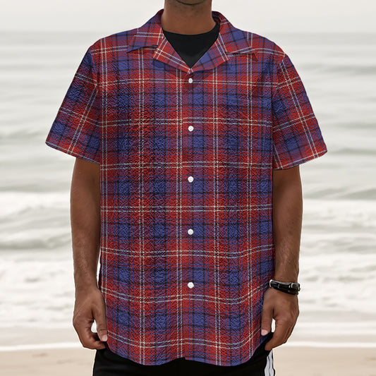 Red Blue And White Tartan Pattern Print Textured Short Sleeve Shirt