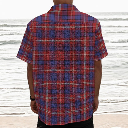 Red Blue And White Tartan Pattern Print Textured Short Sleeve Shirt