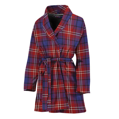 Red Blue And White Tartan Pattern Print Women's Bathrobe