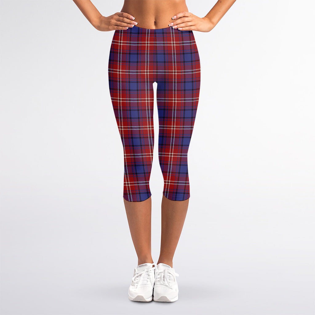Red Blue And White Tartan Pattern Print Women's Capri Leggings