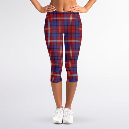 Red Blue And White Tartan Pattern Print Women's Capri Leggings