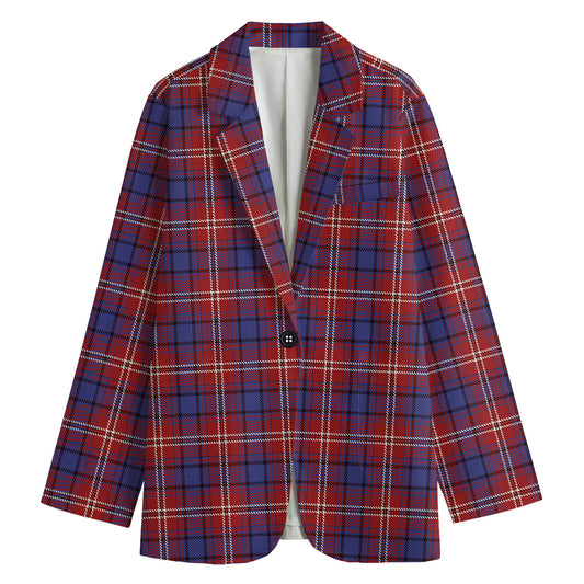 Red Blue And White Tartan Pattern Print Women's Cotton Blazer