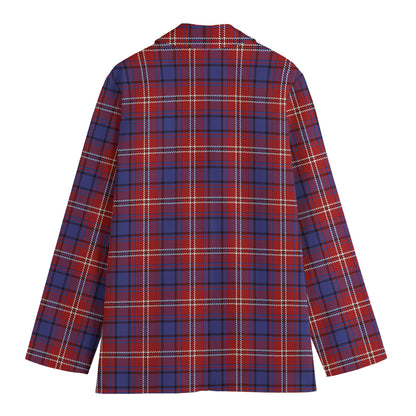 Red Blue And White Tartan Pattern Print Women's Cotton Blazer