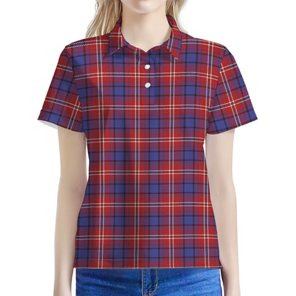 Red Blue And White Tartan Pattern Print Women's Polo Shirt