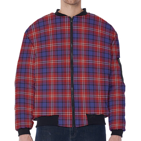 Red Blue And White Tartan Pattern Print Zip Sleeve Bomber Jacket