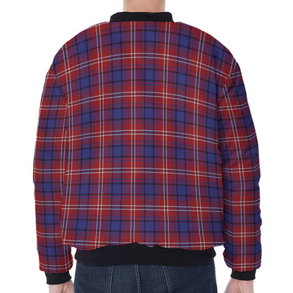 Red Blue And White Tartan Pattern Print Zip Sleeve Bomber Jacket