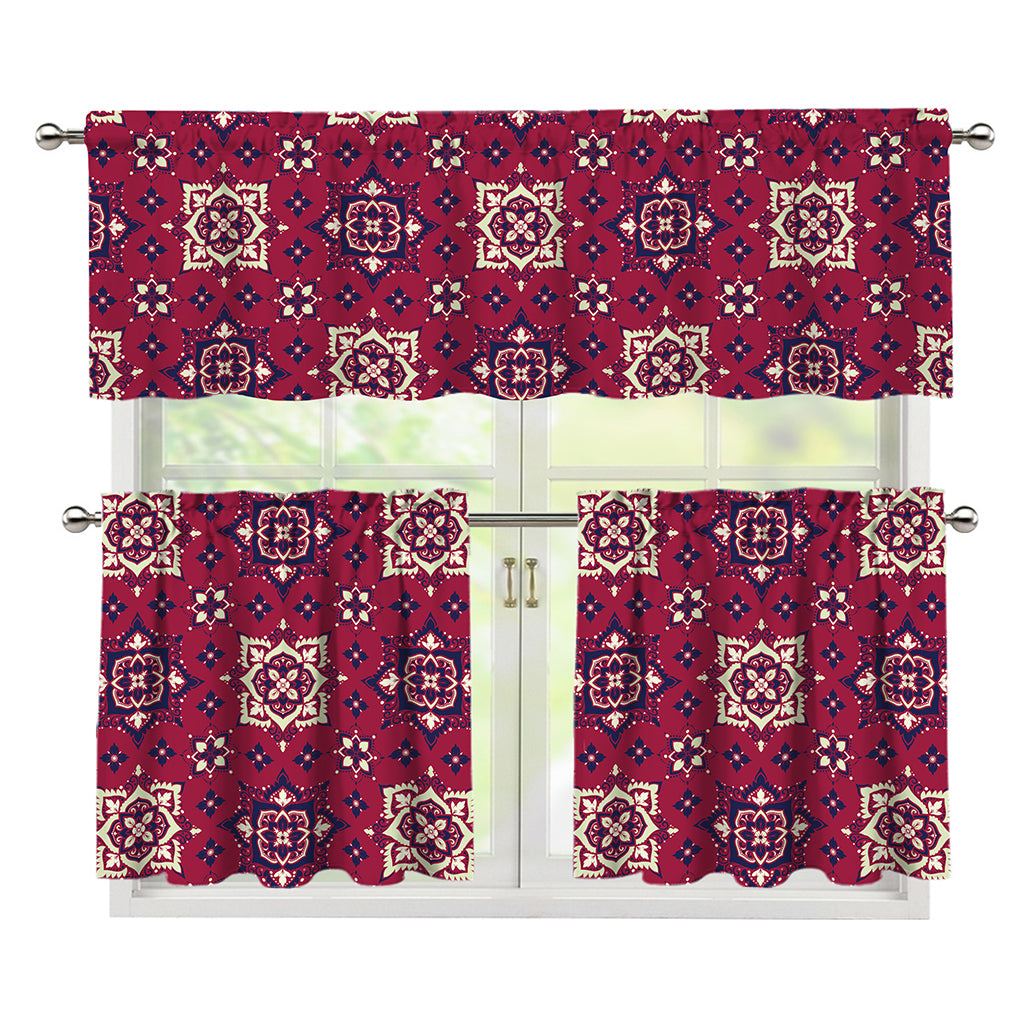 Red Boho Flower Pattern Print 3 Piece Kitchen Curtains