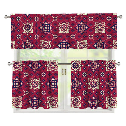 Red Boho Flower Pattern Print 3 Piece Kitchen Curtains