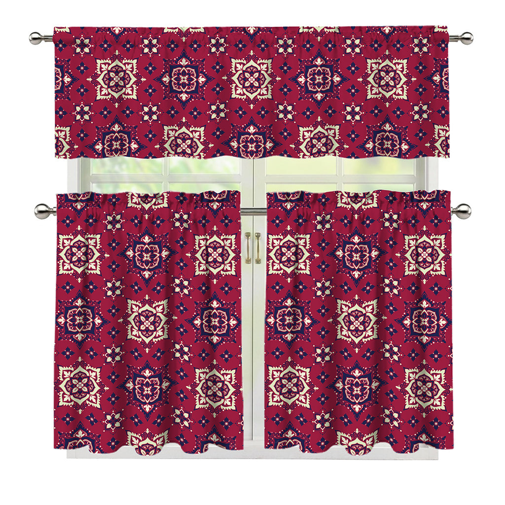 Red Boho Flower Pattern Print 3 Piece Kitchen Curtains