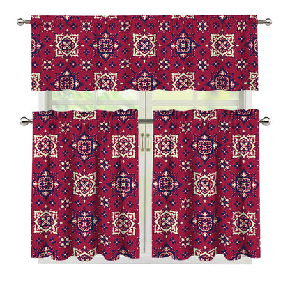 Red Boho Flower Pattern Print 3 Piece Kitchen Curtains
