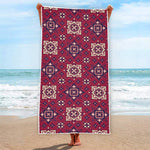 Red Boho Flower Pattern Print Beach Towel