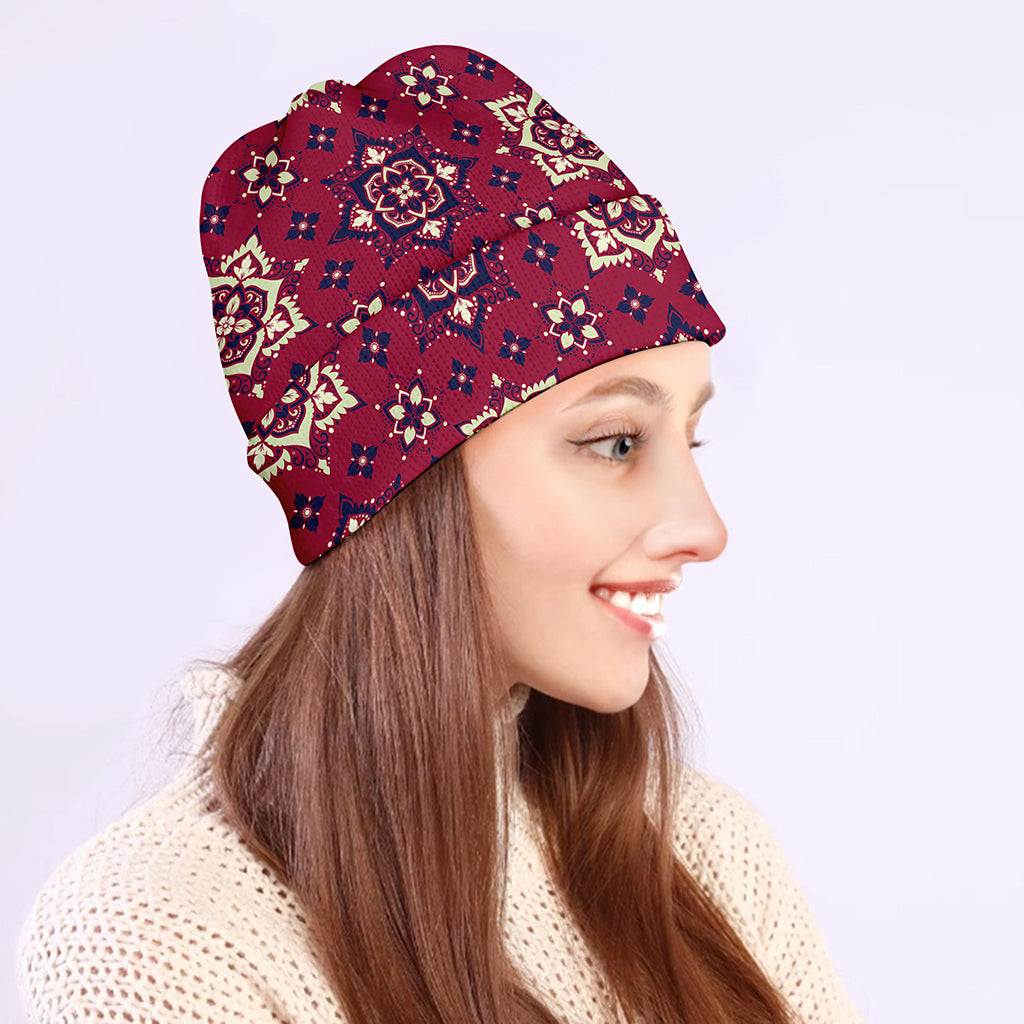 Red Boho Flower Pattern Print Beanie