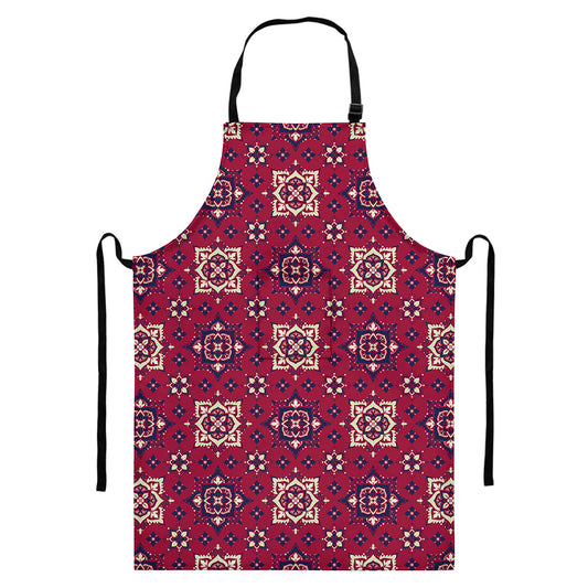 Red Boho Flower Pattern Print Bib Apron With Pocket