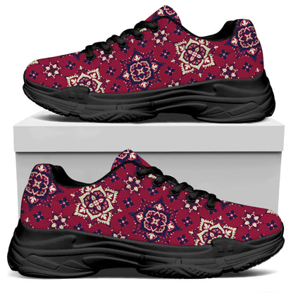 Red Boho Flower Pattern Print Black Chunky Shoes