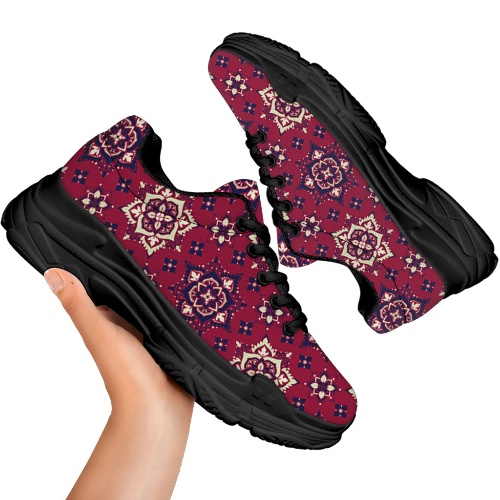 Red Boho Flower Pattern Print Black Chunky Shoes