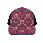 Red Boho Flower Pattern Print Black Mesh Trucker Cap