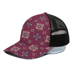 Red Boho Flower Pattern Print Black Mesh Trucker Cap