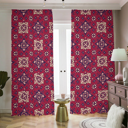 Red Boho Flower Pattern Print Blackout Pencil Pleat Curtains