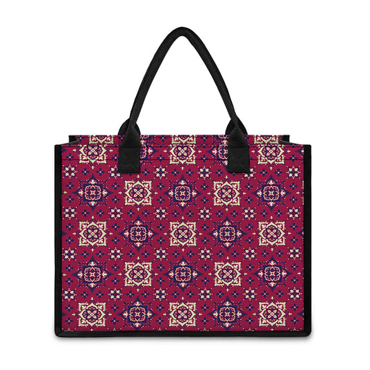 Red Boho Flower Pattern Print Canvas Tote Bag