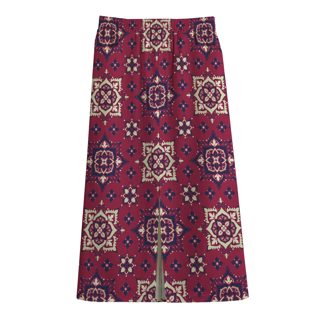 Red Boho Flower Pattern Print Cotton Front Slit Maxi Skirt