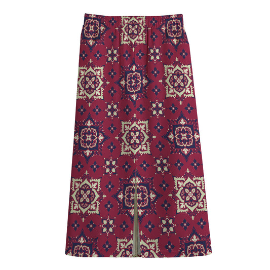Red Boho Flower Pattern Print Cotton Front Slit Maxi Skirt