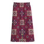 Red Boho Flower Pattern Print Cotton Front Slit Maxi Skirt