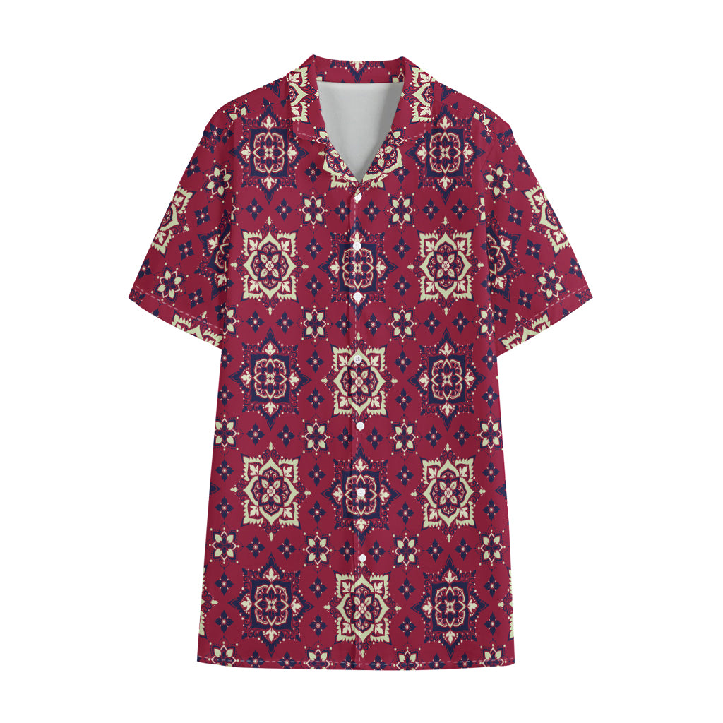 Red Boho Flower Pattern Print Cotton Hawaiian Shirt