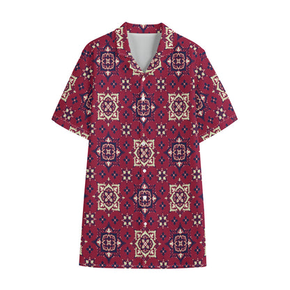 Red Boho Flower Pattern Print Cotton Hawaiian Shirt