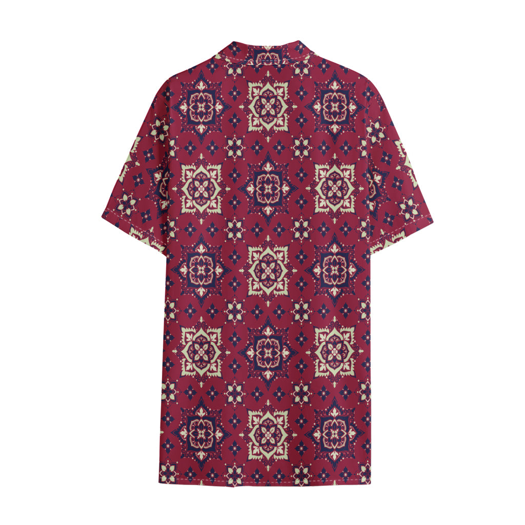 Red Boho Flower Pattern Print Cotton Hawaiian Shirt