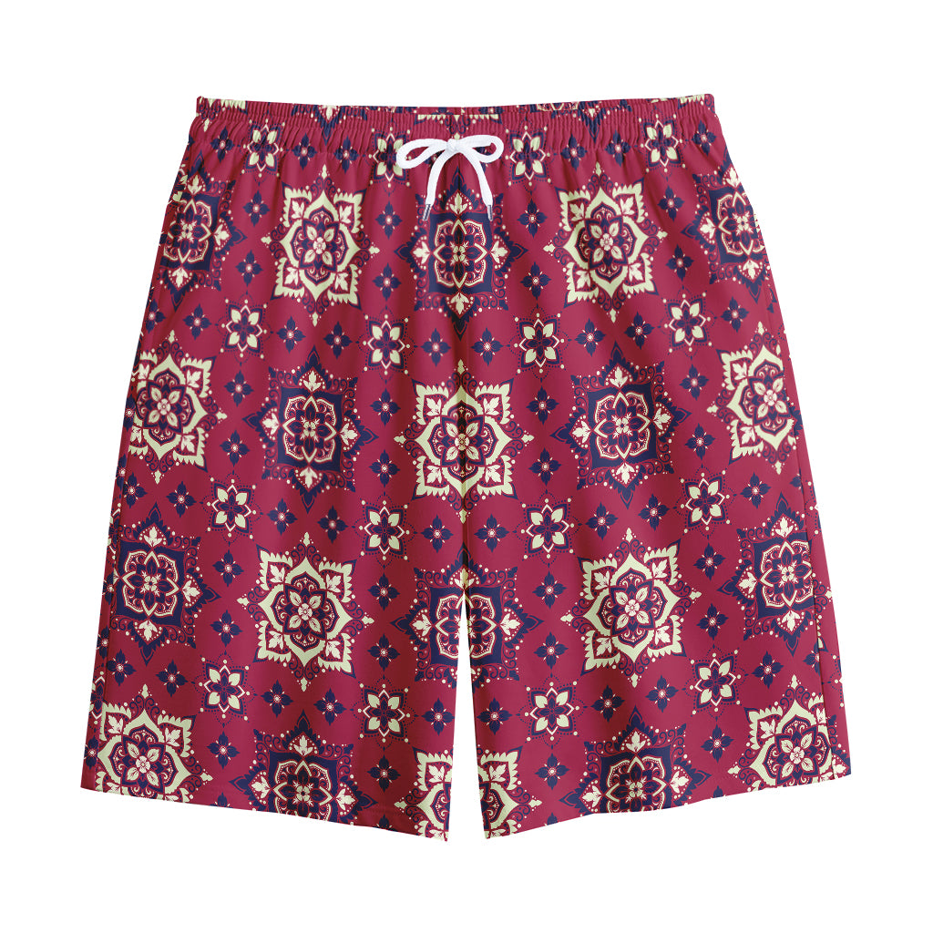 Red Boho Flower Pattern Print Cotton Shorts