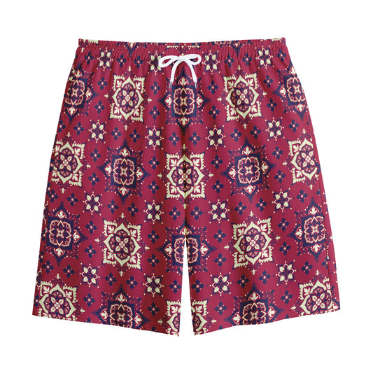 Red Boho Flower Pattern Print Cotton Shorts