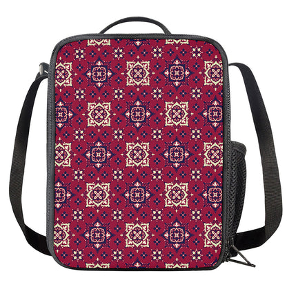 Red Boho Flower Pattern Print Crossbody Lunch Bag