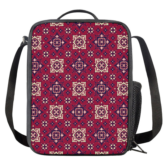 Red Boho Flower Pattern Print Crossbody Lunch Bag