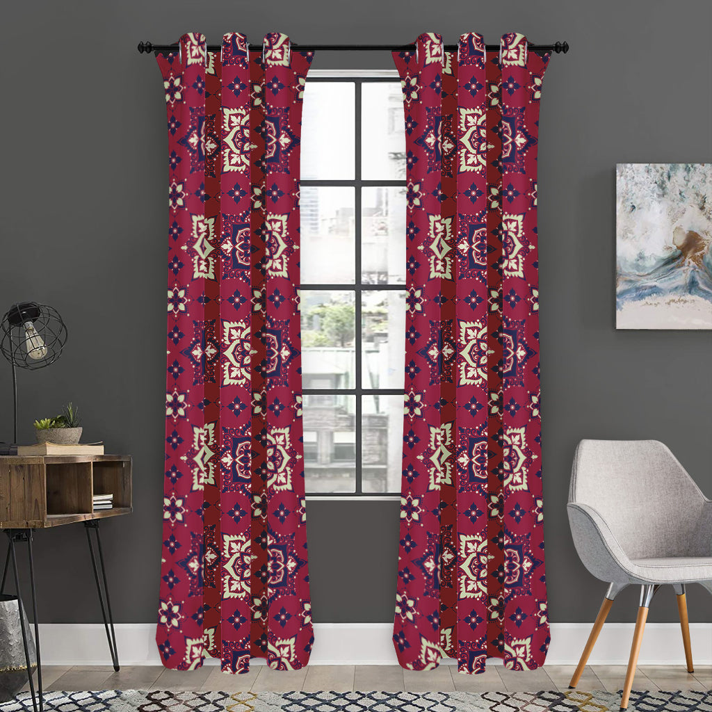 Red Boho Flower Pattern Print Curtain