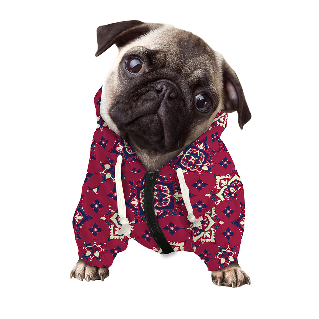 Red Boho Flower Pattern Print Dog Zip Up Hoodie