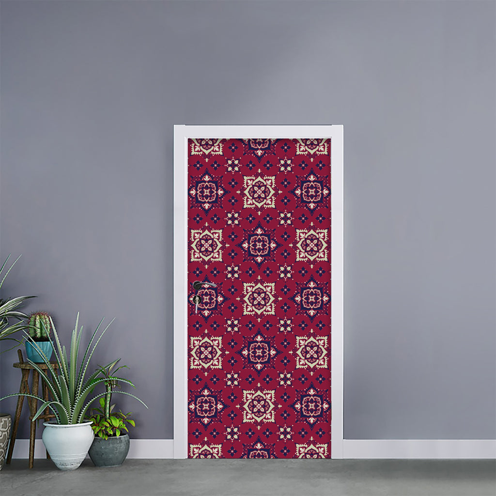 Red Boho Flower Pattern Print Door Sticker