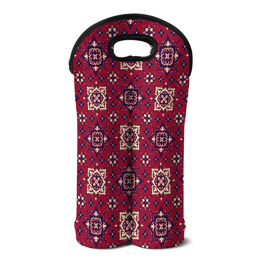 Red Boho Flower Pattern Print Double Neoprene Wine Tote