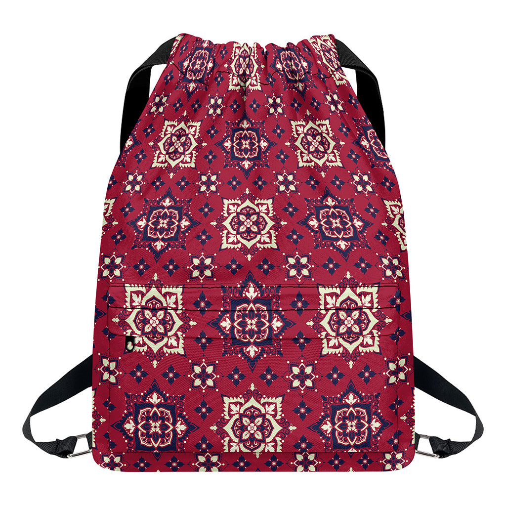 Red Boho Flower Pattern Print Drawstring Backpack