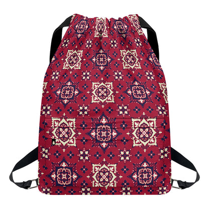 Red Boho Flower Pattern Print Drawstring Backpack