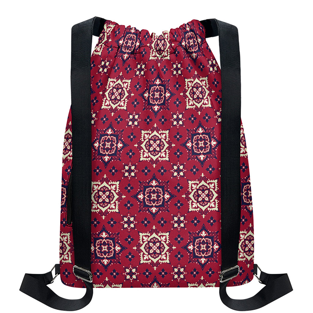 Red Boho Flower Pattern Print Drawstring Backpack