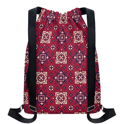 Red Boho Flower Pattern Print Drawstring Backpack